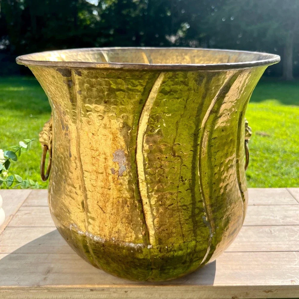 Large Vintage Brass Double Lion Head Planter